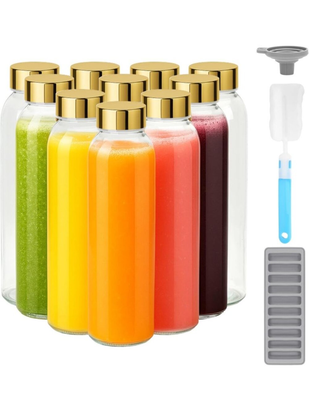 Set of 10 Leak Proof 18 oz Glass Juice Bottles with Gold Lids - Perfect for